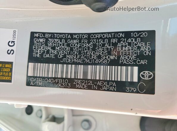 JTDEPMAE7MJ149587 2021 TOYOTA COROLLA White VIN կոդի պիտակի տեսք