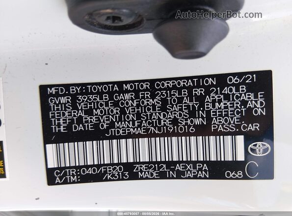 JTDEPMAE7NJ191016 2022 TOYOTA COROLLA White Widok komory silnika