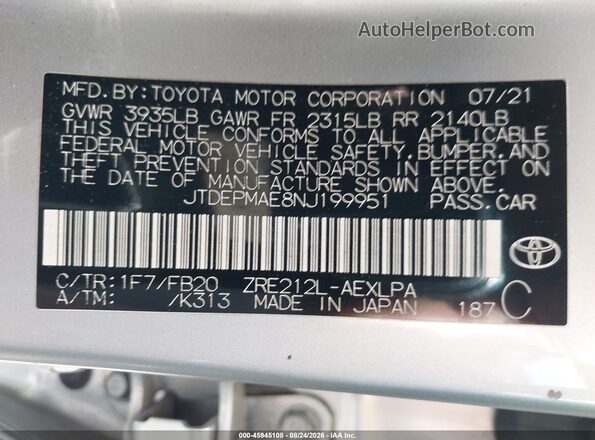 JTDEPMAE8NJ199951 2022 TOYOTA COROLLA Серебряный Вид подкапотного пространства