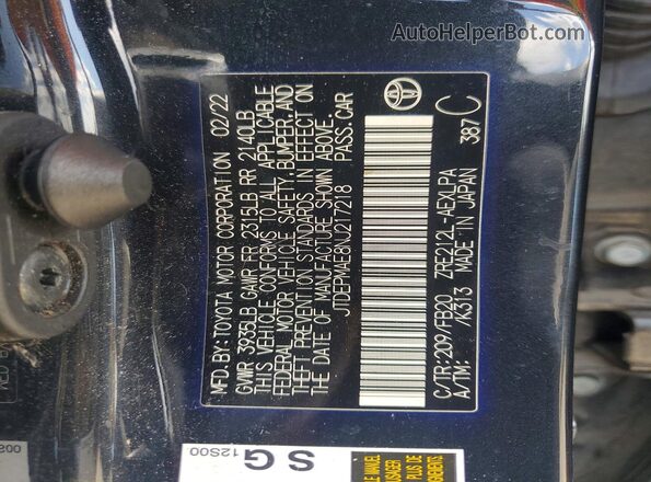 JTDEPMAE8NJ217218 2022 TOYOTA COROLLA Charcoal VIN sticker view