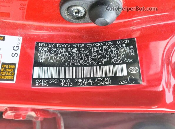 JTDEPMAE9MJ172143 2021 TOYOTA COROLLA Red Vista del compartimento del motor