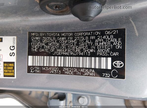 JTDEPMAE9NJ194113 2022 TOYOTA COROLLA Blue Vista del compartimento del motor