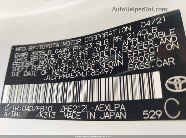 JTDEPMAEXMJ185497 2021 TOYOTA COROLLA White Widok komory silnika