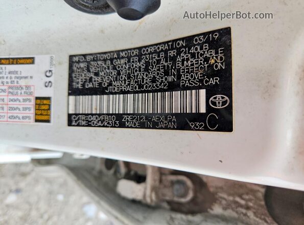 JTDEPRAE0LJ023342 2020 TOYOTA COROLLA White Вид підкапотного простору