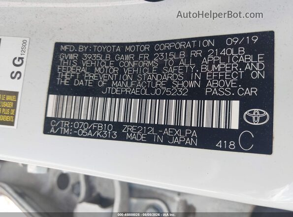 JTDEPRAE0LJ075232 2020 TOYOTA COROLLA White Vista del compartimento del motor