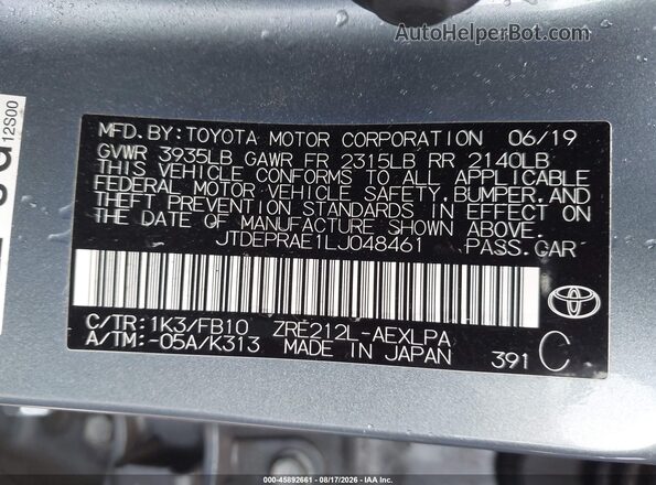JTDEPRAE1LJ048461 2020 TOYOTA COROLLA Teal Вид підкапотного простору