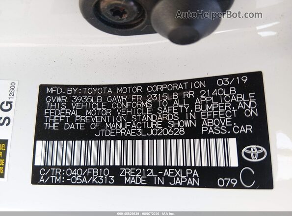 JTDEPRAE3LJ020628 2020 TOYOTA COROLLA White Engine compartment view