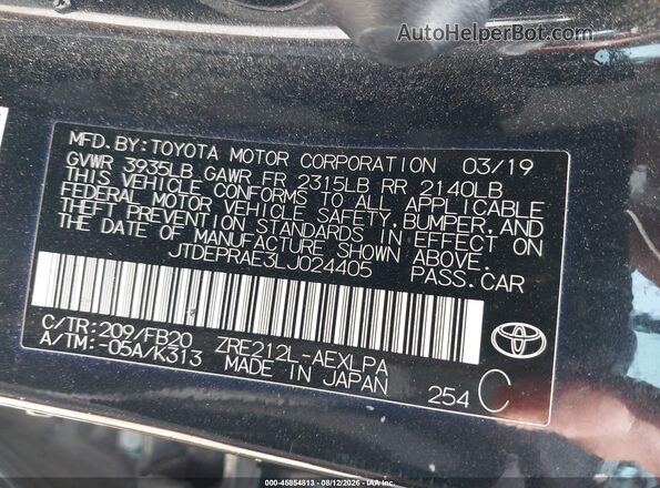 JTDEPRAE3LJ024405 2020 TOYOTA COROLLA Black Вид підкапотного простору