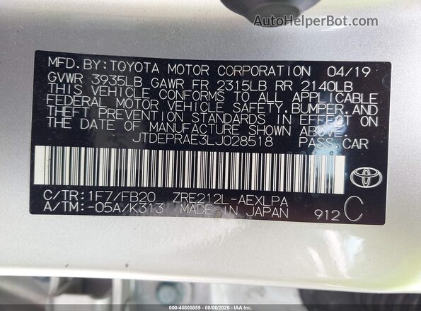 JTDEPRAE3LJ028518 2020 TOYOTA COROLLA Silver Շարժիչի բաժամունքի տեսք