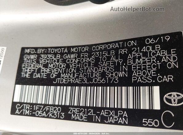 JTDEPRAE3LJ056173 2020 TOYOTA COROLLA Silver Engine compartment view