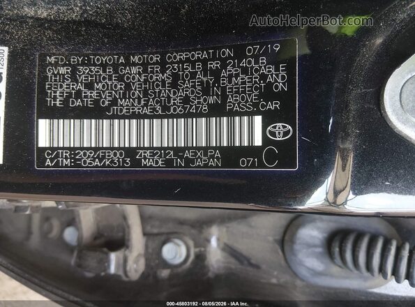 JTDEPRAE3LJ067478 2020 TOYOTA COROLLA Black Engine compartment view
