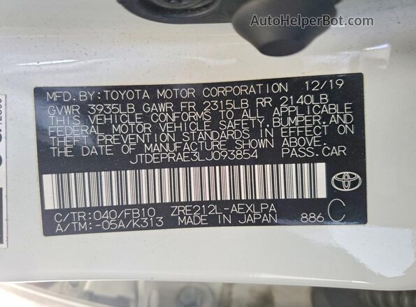 JTDEPRAE3LJ093854 2020 TOYOTA COROLLA White VIN կոդի պիտակի տեսք