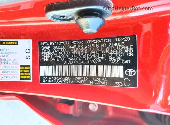 JTDEPRAE4LJ107695 2020 TOYOTA COROLLA Red Vista del compartimento del motor