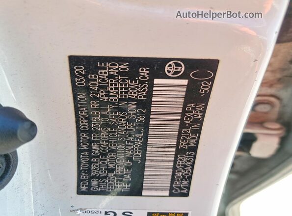 JTDEPRAE4LJ113612 2020 TOYOTA COROLLA White Vista de la etiqueta del VIN