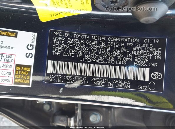 JTDEPRAE5LJ004303 2020 TOYOTA COROLLA Черный Вид подкапотного пространства