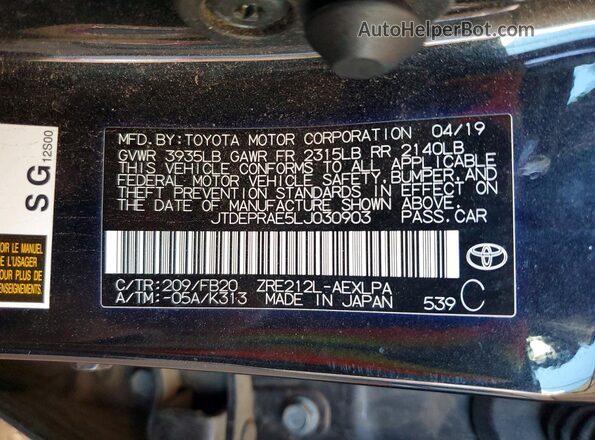 JTDEPRAE5LJ030903 2020 TOYOTA COROLLA Black Вид підкапотного простору