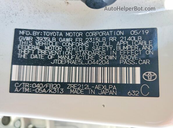 JTDEPRAE5LJ044204 2020 TOYOTA COROLLA White Engine compartment view