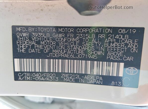 JTDEPRAE6LJ071945 2020 TOYOTA COROLLA White Vista del compartimento del motor
