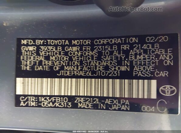 JTDEPRAE6LJ107231 2020 TOYOTA COROLLA Light Blue Vista del compartimento del motor
