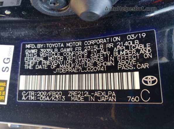JTDEPRAE7LJ020941 2020 TOYOTA COROLLA Black Engine compartment view