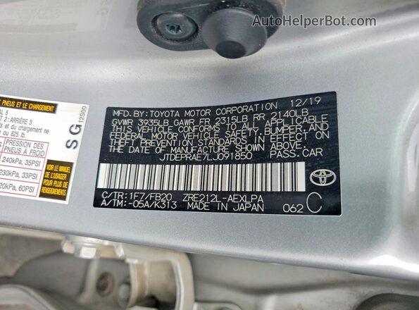 JTDEPRAE7LJ091850 2020 TOYOTA COROLLA Silver Vista de la etiqueta del VIN