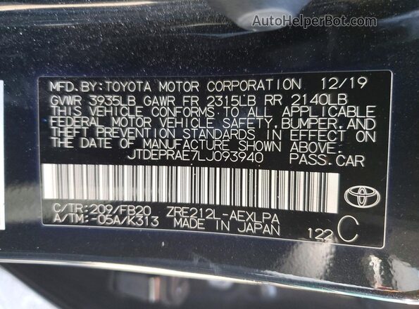 JTDEPRAE7LJ093940 2020 TOYOTA COROLLA Black Widok komory silnika