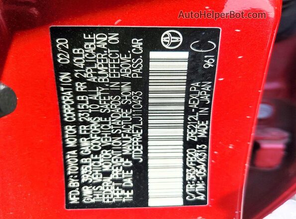 JTDEPRAE7LJ110493 2020 TOYOTA COROLLA Red Շարժիչի բաժամունքի տեսք