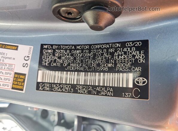 JTDEPRAE7LJ115998 2020 TOYOTA COROLLA Blue Vista del compartimento del motor