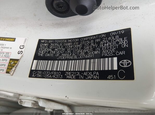 JTDEPRAE8LJ074491 2020 TOYOTA COROLLA White Engine compartment view