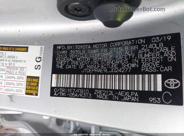 JTDEPRAE9LJ024277 2020 TOYOTA COROLLA Silver ძრავის განყოფილების ხედი