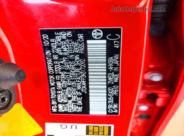 JTDKAMFP3M3172092 2021 TOYOTA PRIUS Red VIN sticker view