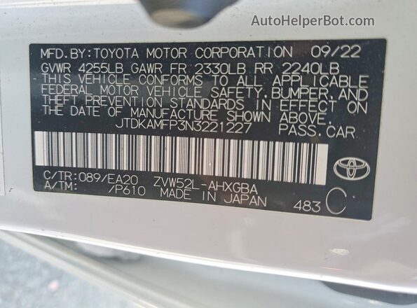 JTDKAMFP3N3221227 2022 TOYOTA PRIUS White VIN կոդի պիտակի տեսք