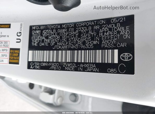 JTDKAMFP4M3196305 2021 TOYOTA PRIUS PRIME White Vista del compartimento del motor