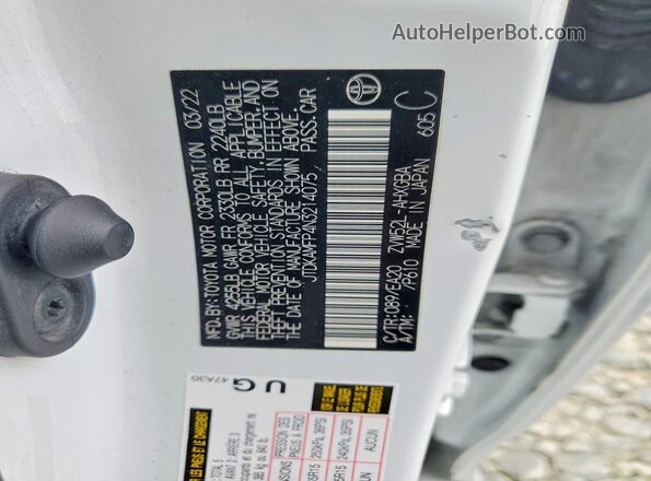 JTDKAMFP4N3214075 2022 TOYOTA PRIUS White ძრავის განყოფილების ხედი