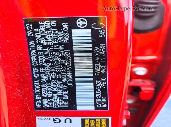 JTDKAMFP6N3223831 2022 TOYOTA PRIUS Red VIN კოდის სტიკერის ხედი