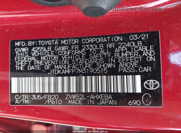 JTDKAMFP7M3190515 2021 TOYOTA PRIUS PRIME Red Շարժիչի բաժամունքի տեսք