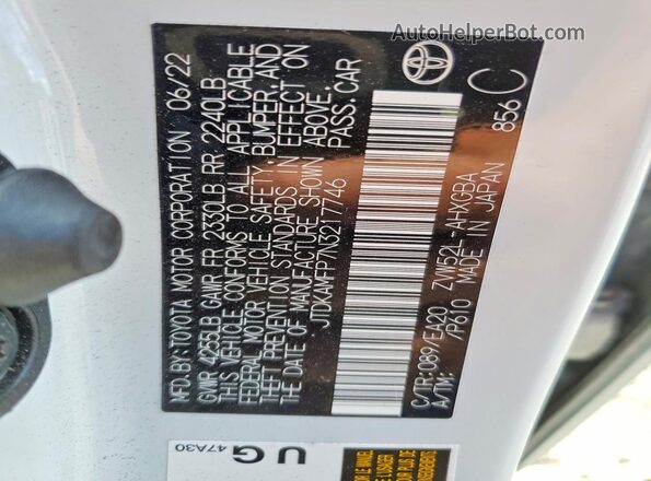 JTDKAMFP7N3217746 2022 TOYOTA PRIUS White Widok naklejki z numerem VIN