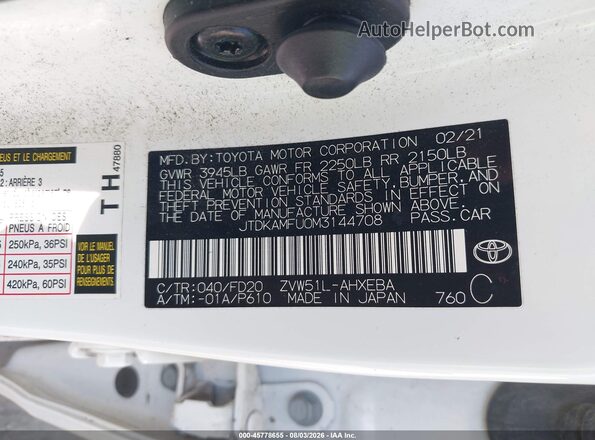 JTDKAMFU0M3144708 2021 TOYOTA PRIUS White ძრავის განყოფილების ხედი