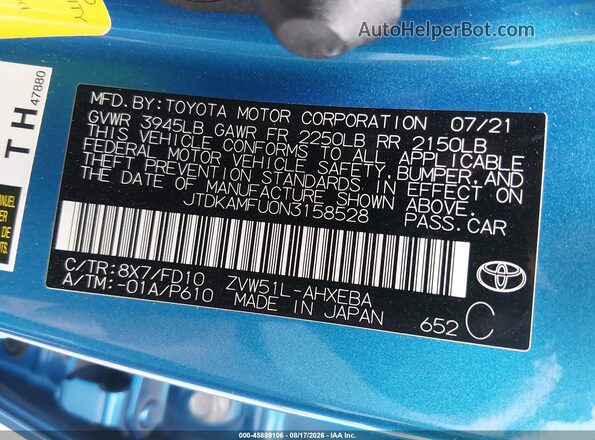 JTDKAMFU0N3158528 2022 TOYOTA PRIUS Синий Вид подкапотного пространства
