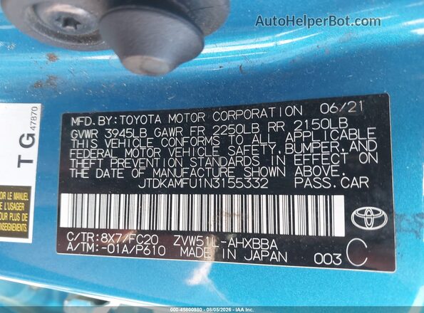 JTDKAMFU1N3155332 2022 TOYOTA PRIUS Blue Շարժիչի բաժամունքի տեսք