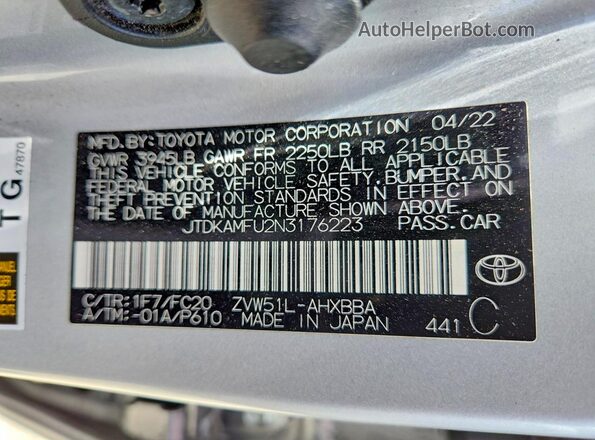 JTDKAMFU2N3176223 2022 TOYOTA PRIUS Silver VIN კოდის სტიკერის ხედი