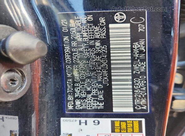 JTDKAMFU3M3141205 2021 TOYOTA PRIUS Black Widok naklejki z numerem VIN
