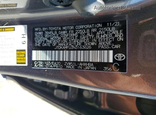 JTDKAMFU3N3163626 2022 TOYOTA PRIUS Charcoal ძრავის განყოფილების ხედი