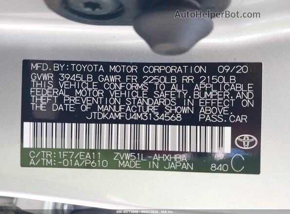 JTDKAMFU4M3134568 2021 TOYOTA PRIUS Silver Vista del compartimento del motor