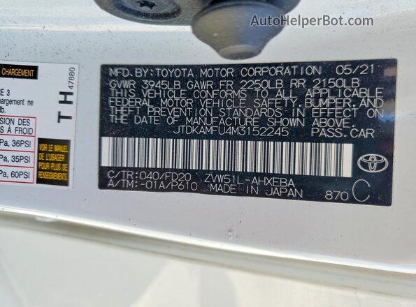JTDKAMFU4M3152245 2021 TOYOTA PRIUS White Engine compartment view