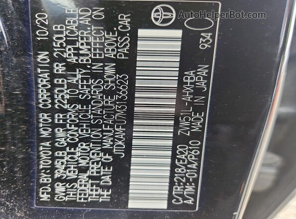 JTDKAMFU7M3136623 2021 TOYOTA PRIUS Black VIN sticker view