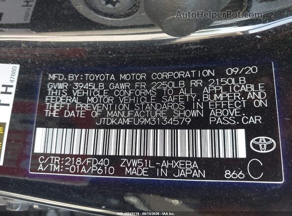 JTDKAMFU9M3134579 2021 TOYOTA PRIUS Black Engine compartment view
