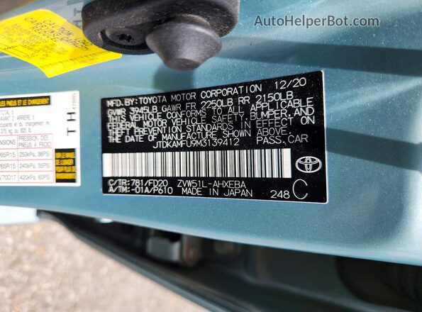 JTDKAMFU9M3139412 2021 TOYOTA PRIUS Blue VIN sticker view