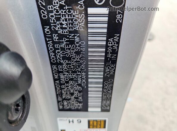 JTDKAMFU9N3171410 2022 TOYOTA PRIUS Silver Vista de la etiqueta del VIN
