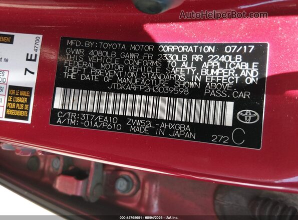 JTDKARFP2H3039598 2017 TOYOTA PRIUS PRIME Red Вид підкапотного простору